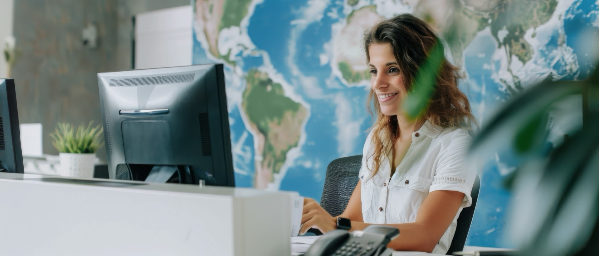 Consulente di viaggio sorridente al computer, con alle spalle una grande mappa del mondo in ufficio