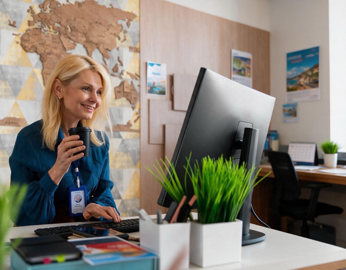 Consulente di viaggio sorridente al lavoro in un ufficio agenzia luminoso