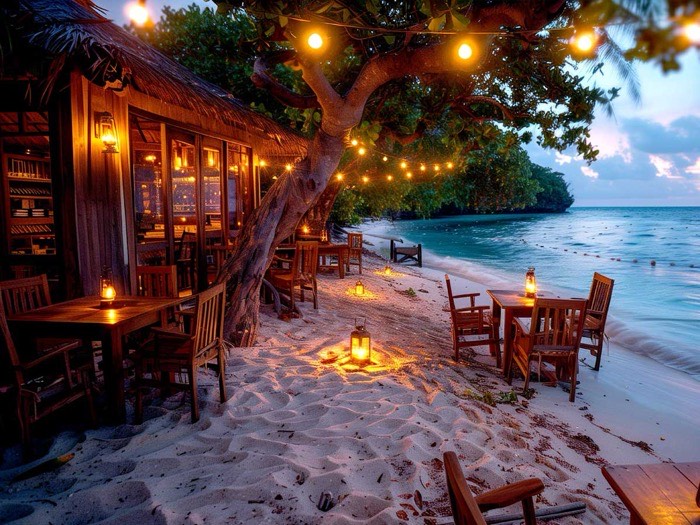 Cena romantica in spiaggia al tramonto