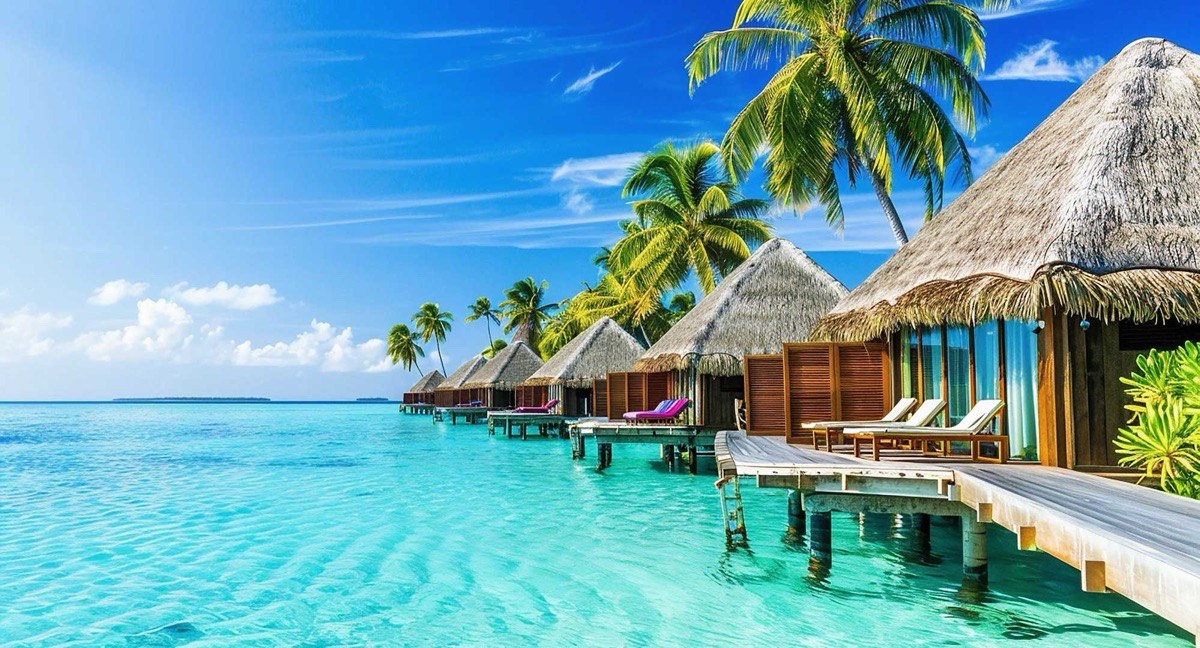 Ville sull'acqua alle Maldive, oceano turchese cristallino