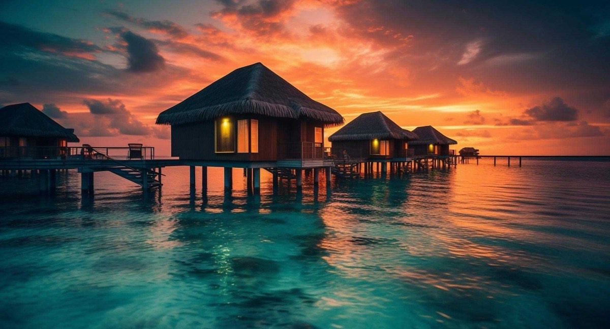 Tramonto sulle ville sull'acqua