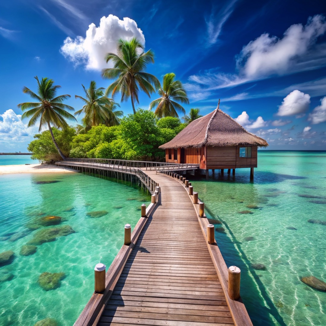 Passerella di legno verso un bungalow tropicale sull'acqua turchese
